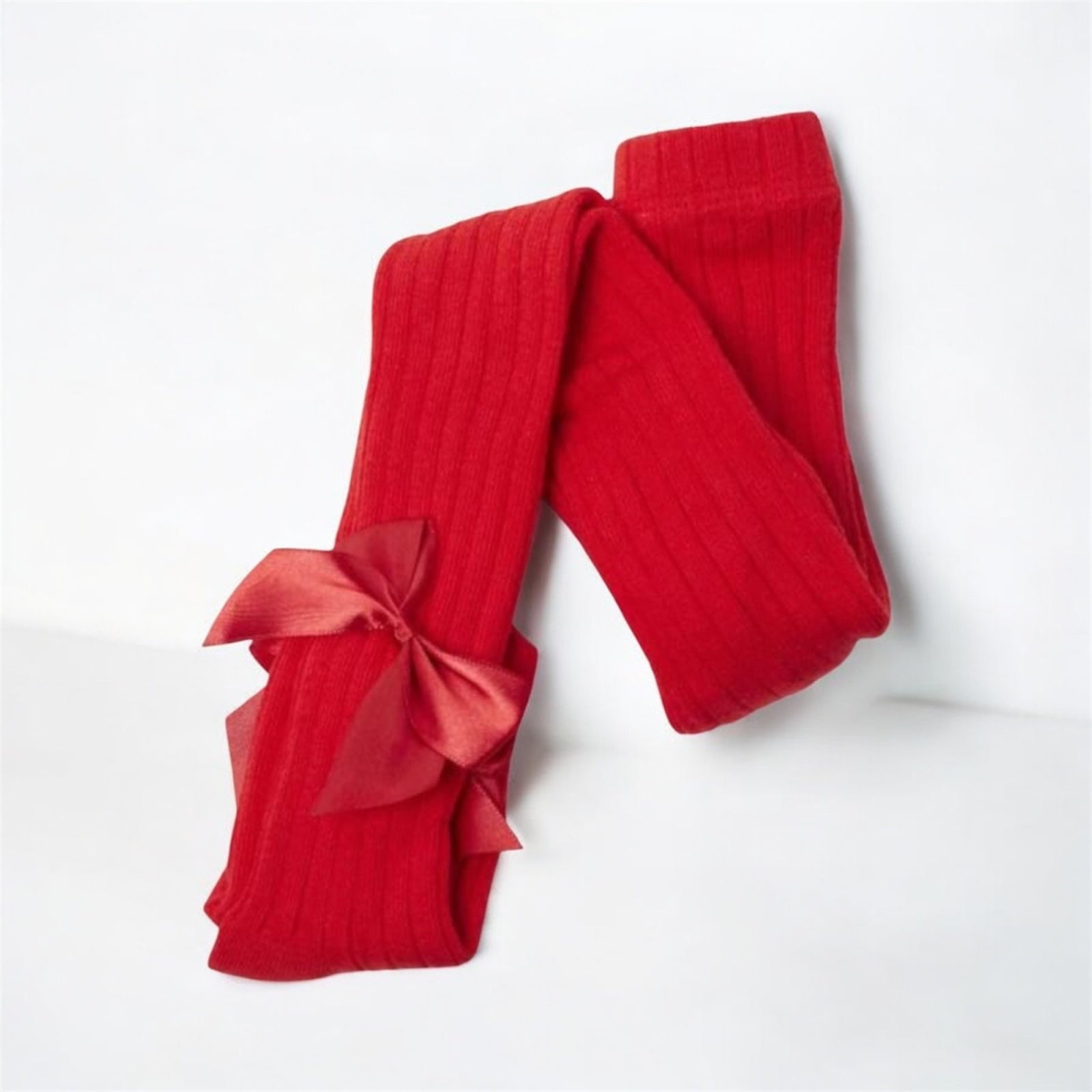 Girls Ribbed Bow Tights - Red