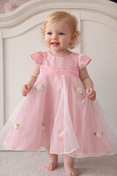 Blush Pink Satin & Tulle Girls Dress with Bow Back – Floral Detail