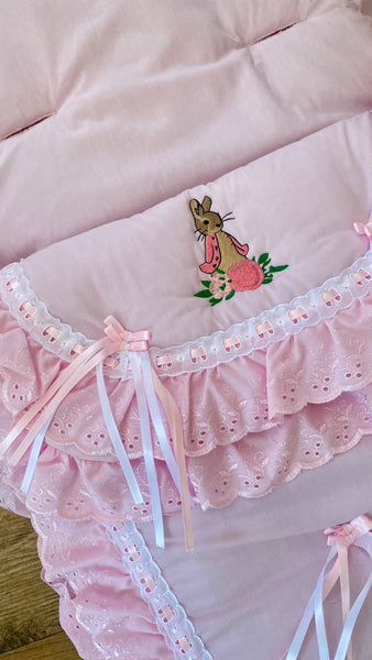 Luxury Pink Frilly Baby Footmuff with Bunny Embroidery | Soft Pram Cosy & Newborn Nest | Universal Fit