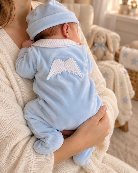 Baby Blue Velour Angel Wings Babygrow & Matching Hat Set