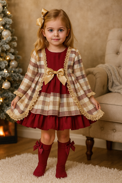 Ceyber Check Burgundy Layered Dress (3-8 Years)