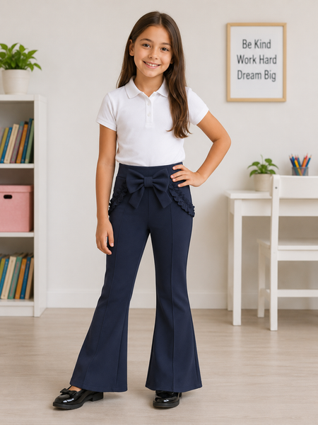 Girls Bow Flare School Trousers – Navy & Grey | Stretch School Uniform Pants