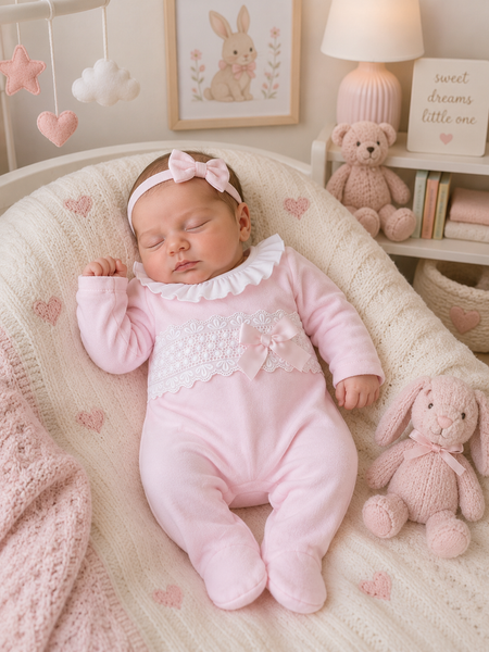 Baby Pink Lace velour  All-in-One with White Frill Collar