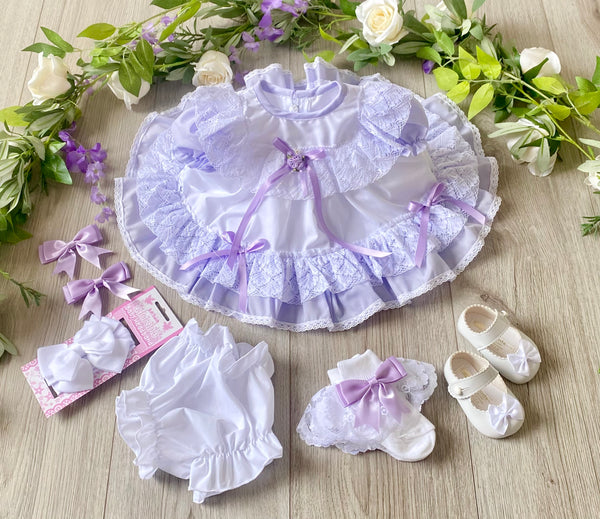 Baby Girls Frilly Traditional Lace Dress - Lilac
