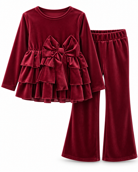 Burgundy Velour Bow & Frill Two Piece Set