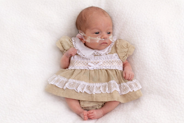 Premature Baby Linen spanish style  Dress with Lace, Smocking and Bow includes bloomers