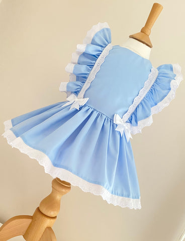 Frilly Sleeve Drop Waist Dress - Blue