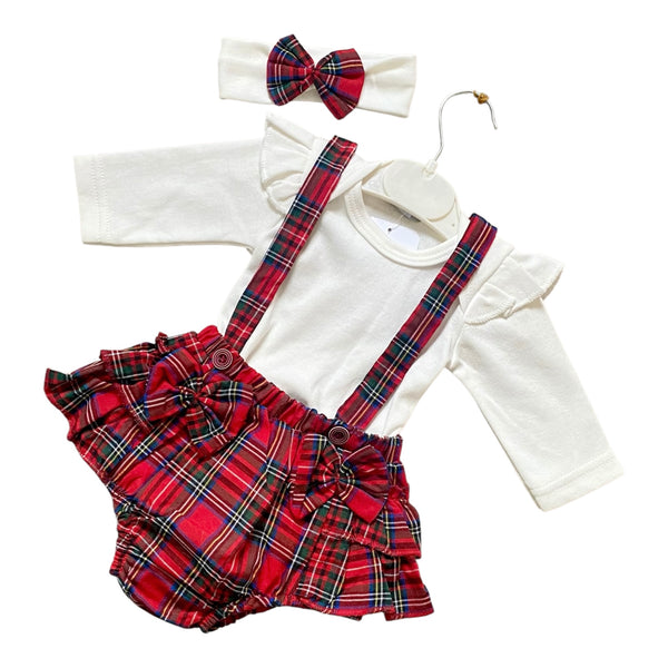Baby Girl Plaid Dungaree Outfit with Headband