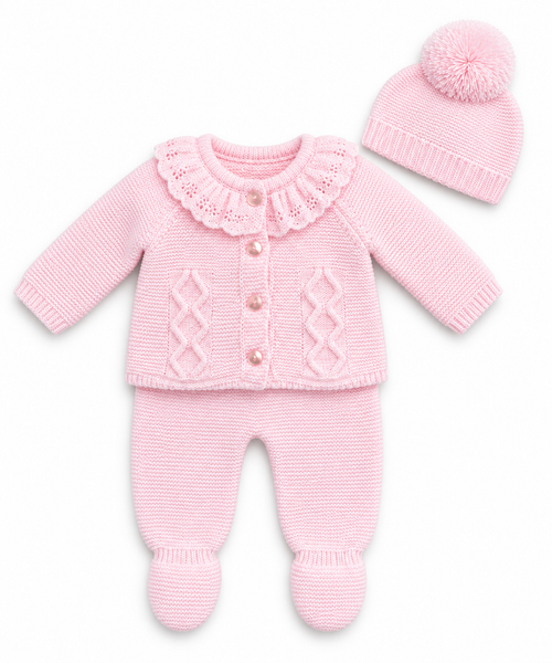 Baby Girls Pink Knitted 3 Piece Set – Cardigan, Footed Trousers & Pom Pom Hat