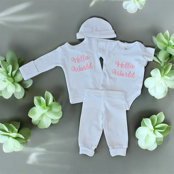 Hello World Newborn Outfit Set – White (4-Piece)