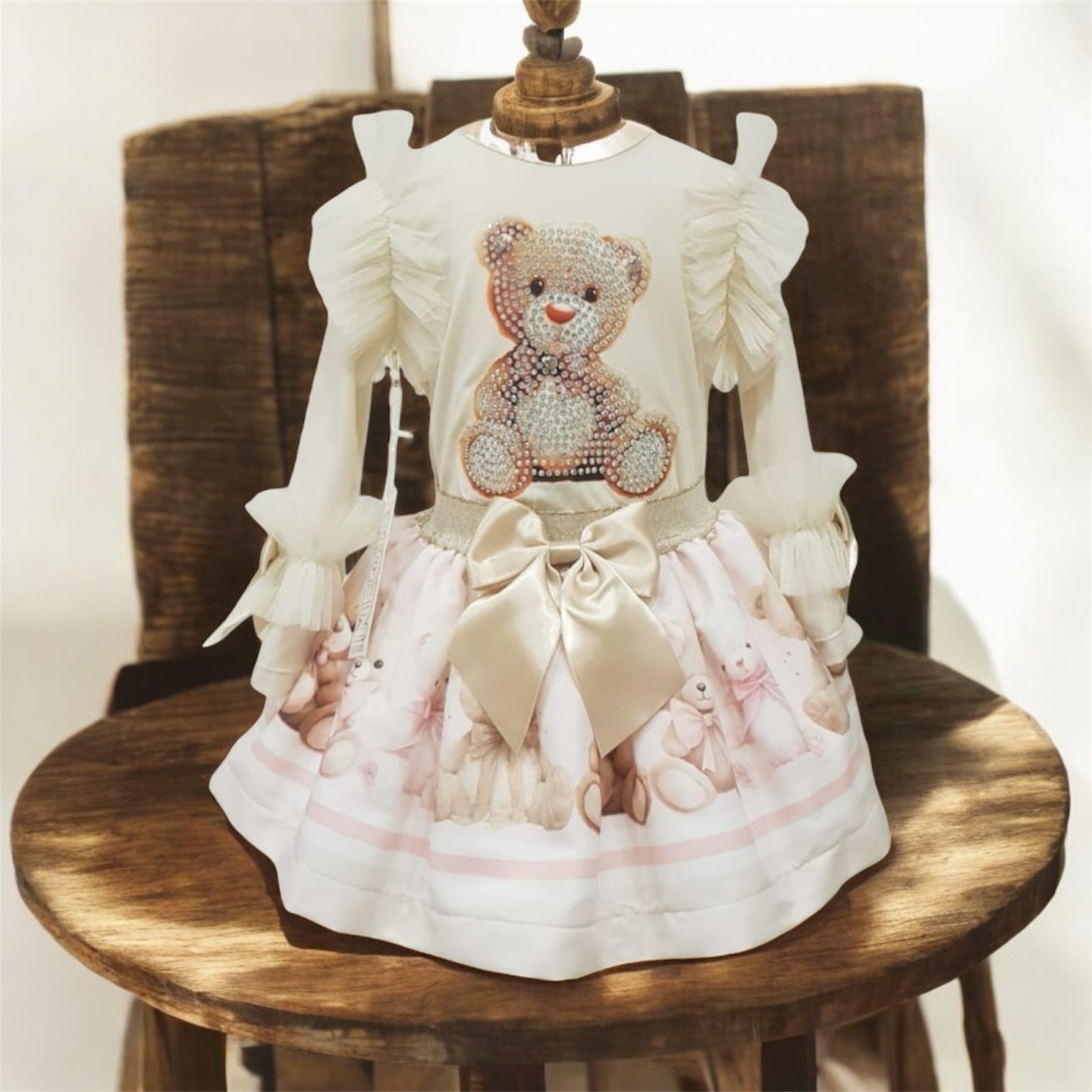 Adorable Teddy Bear Top and Skirt for Girls – Luxe Satin & Crystal Embellishments