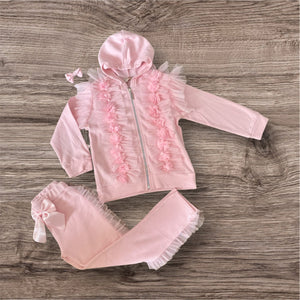 Sweet Ruffle frilled Bow Tracksuit Set – Pink
