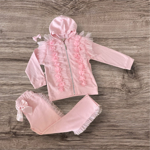 Sweet Ruffle frilled Bow Tracksuit Set – Pink