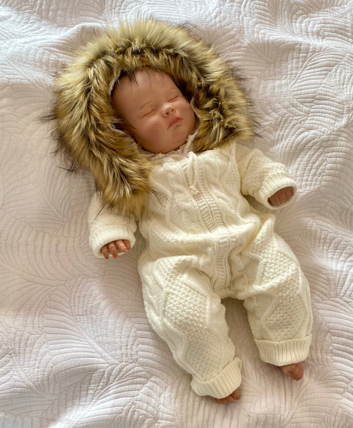 Cozy Knit Baby Onesie with Faux Fur Hood – Winter White