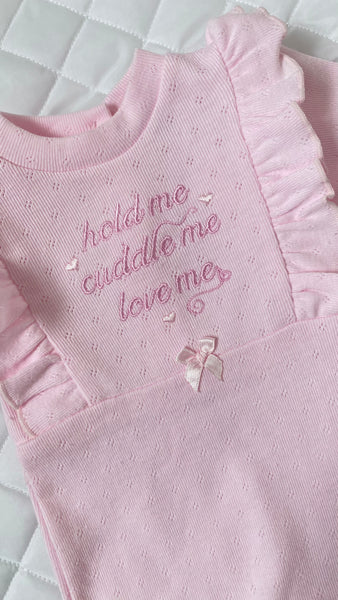 Baby Girls’ All-in-One Babygrow – “Hold Me, Cuddle Me, Love Me” (Premature Size Available)