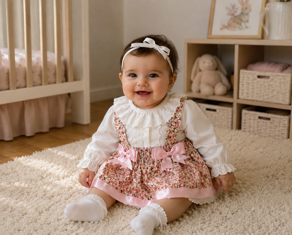 Baby Girls Vintage Floral Pinafore Dress & Lace Blouse Set – Pink
