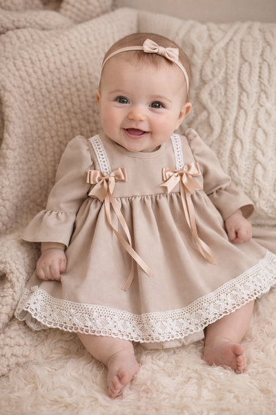 Camel Baby Girls Double Bow Dress (0-24 Month)