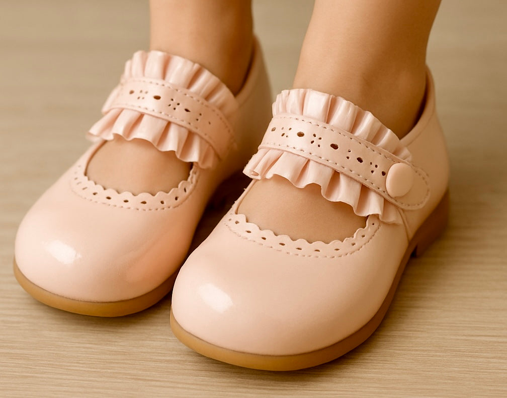 Beige Patent Baby Shoes with Ruffle Strap