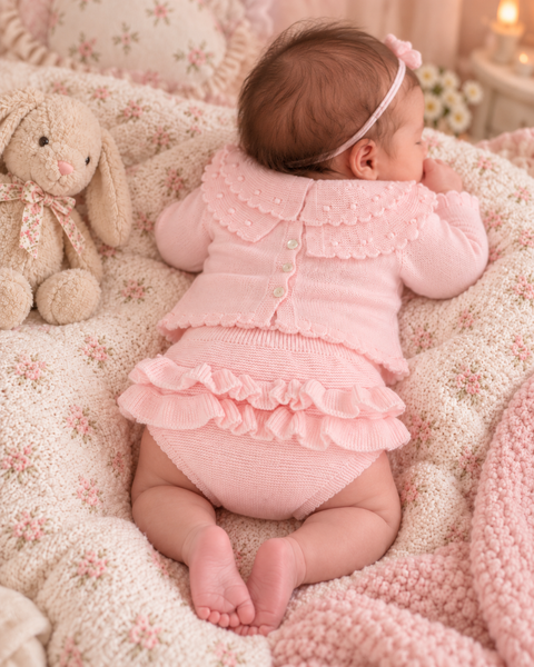 Baby Girls Pink Frilly Knitted 2 Piece Set – Ruffle Collar Jumper & Bloomers