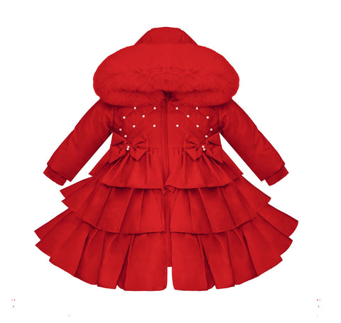 Wee Me Baby Girl Long Red Puff Coat with Fur Hood large fitting