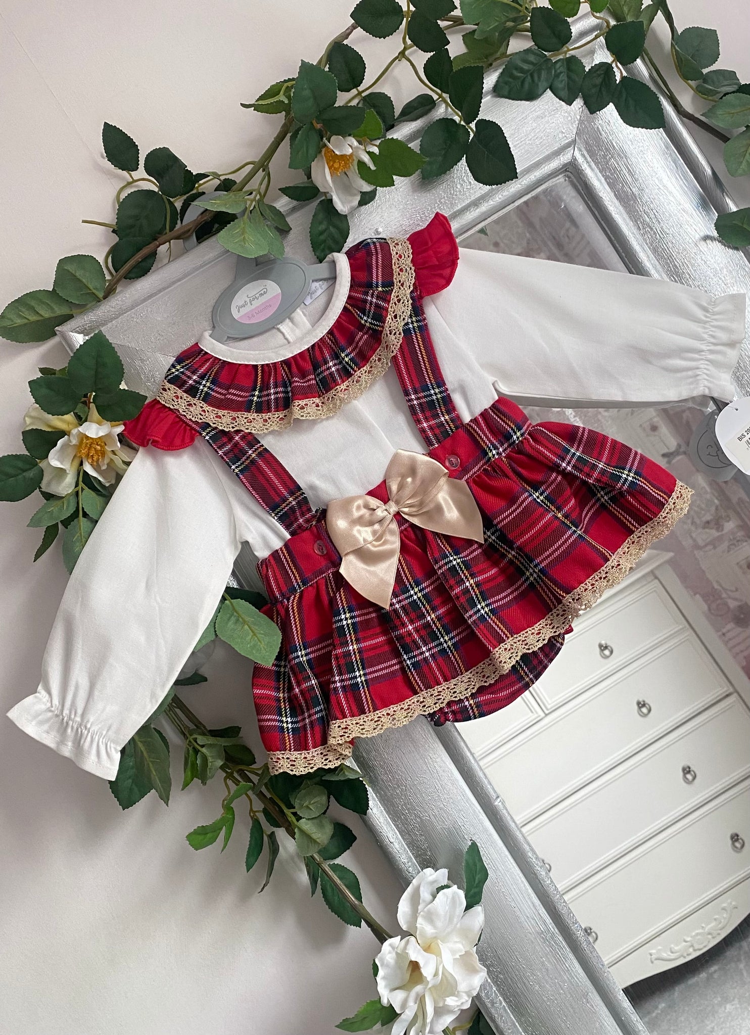Tartan Baby Girls Romper With Gold Bow