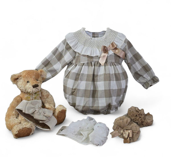 Wee Me Baby Girls Checked Romper with large Smocked  Collar  and bow