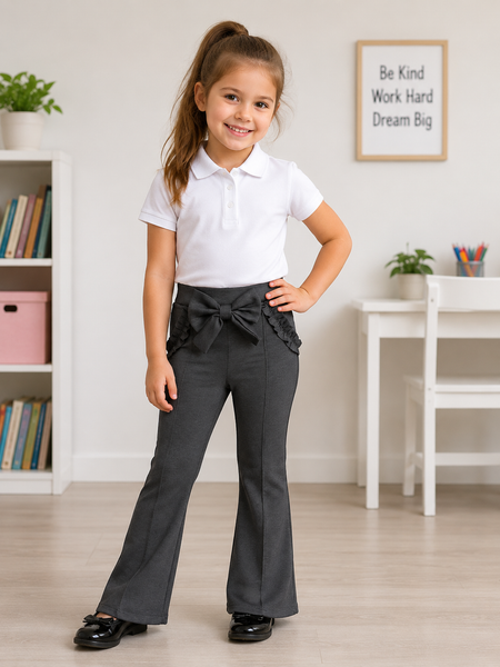 Girls Bow Flare School Trousers – Navy & Grey | Stretch School Uniform Pants