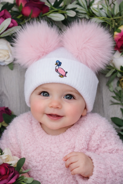 Jemima Puddleduck luxury Faux Fur Double pom Hat - white /Pink