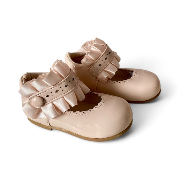 Beige Patent Baby Shoes with Ruffle Strap