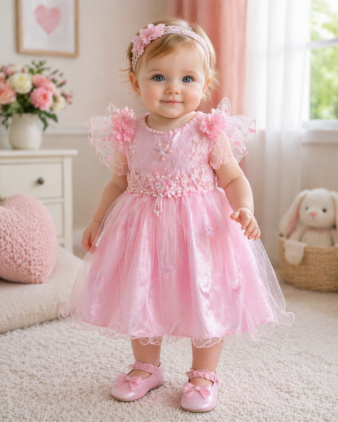 Elegant Baby Girl Pink Lace & Tulle Party Dress with Floral Embellishments