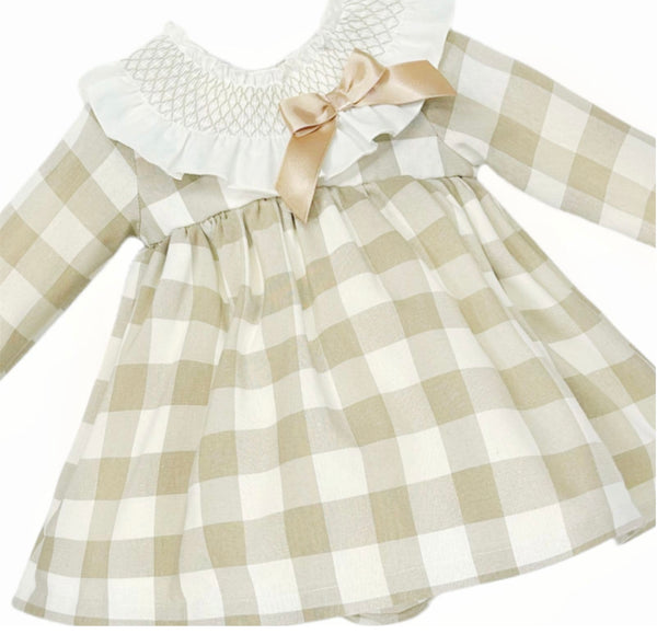 Baby Girl Camel Check Big Frilly Smocked Collar Dress with Pants