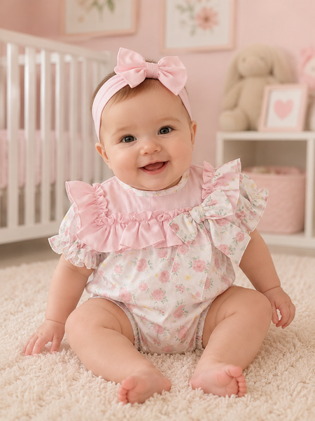 Wee Me Baby Girls Pink Floral Frill Romper – Boutique Baby Outfit