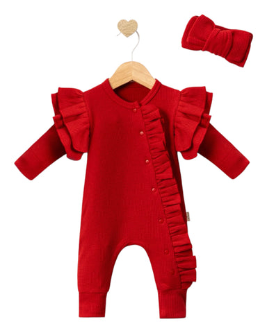 Ruffled Red Waffle-Knit Baby Romper with Bow Headband