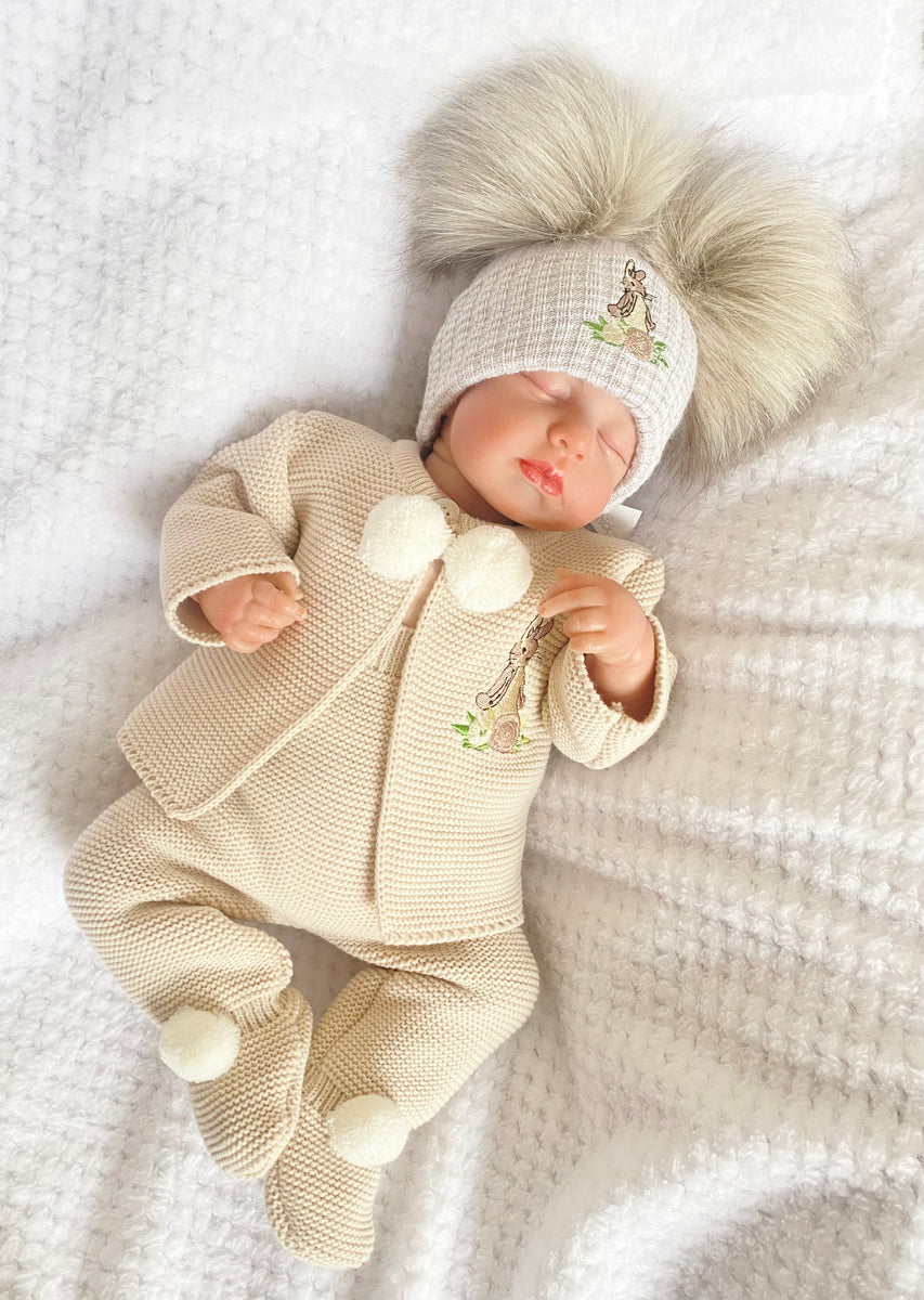Peter Rabbit Flopsy Bunny Taupe Pom Pom Knitted pram suit – Gillytots ...