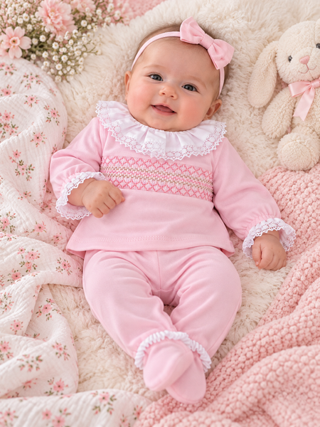 Baby Girls Pink Smocked Two-Piece Outfit with Lace Frill Collar & Footed Trousers