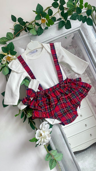 Baby Girl red tartan check Dungaree romper Outfit with Headband