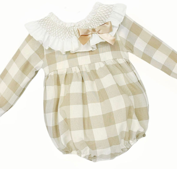 Wee Me Baby Girls Checked Romper with large Smocked  Collar  and bow