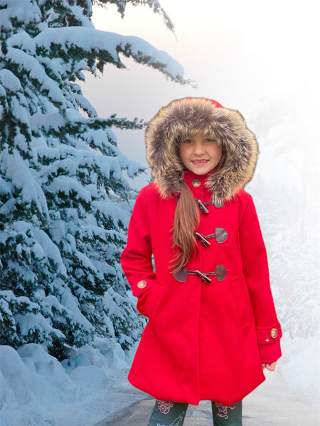 Girls Wool style Toggle Coat With Fur Trim - Red