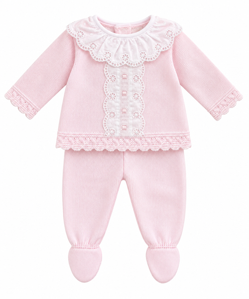 Baby Girls Pink Knitted Two-Piece Lace Top & Footed Leggings Set