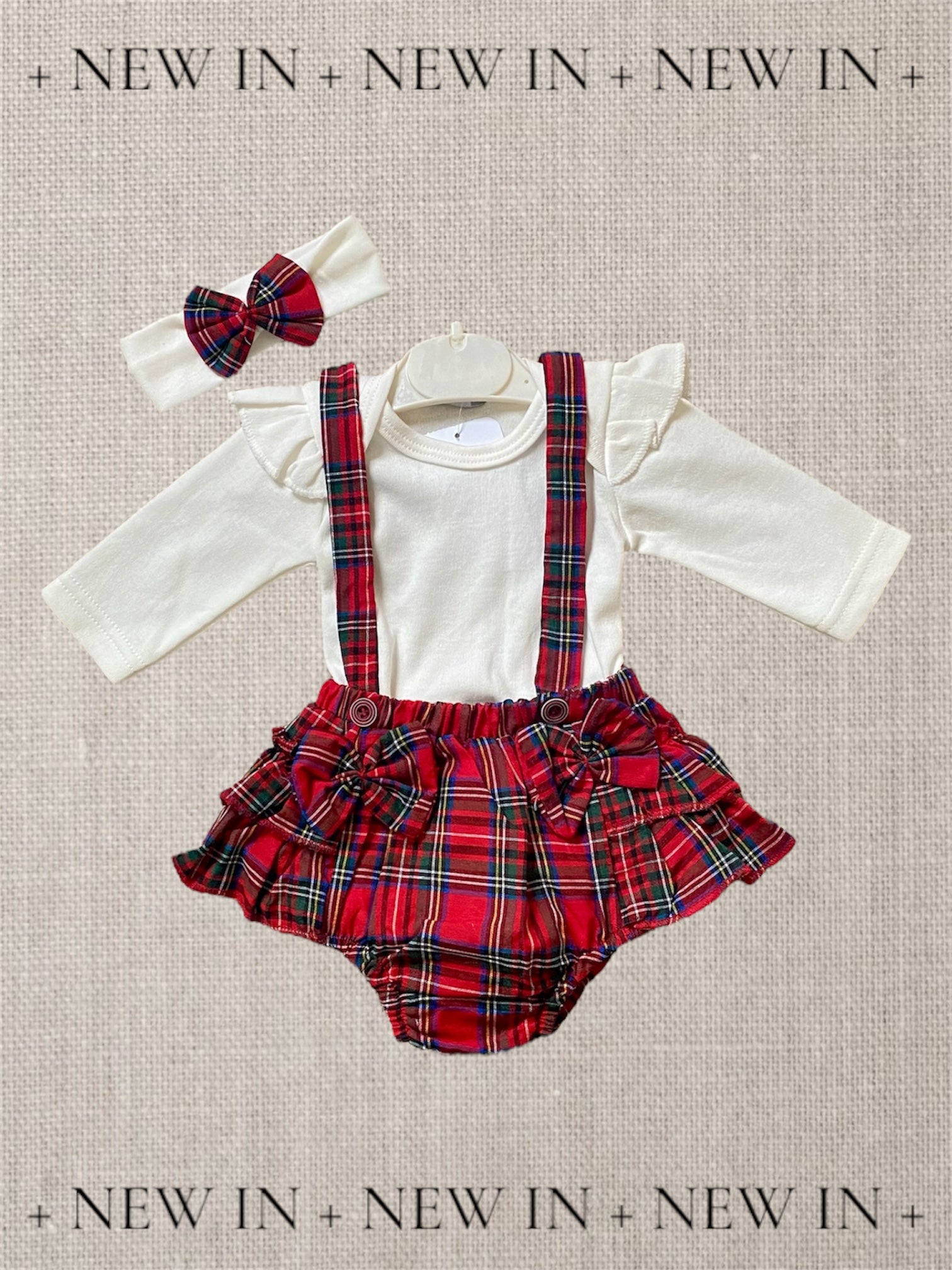 Baby Girl Plaid Dungaree Outfit with Headband