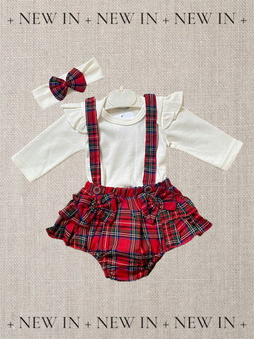 Baby Girl Plaid Dungaree Outfit with Headband