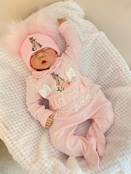 Flopsy Bunny spanish style All in One BabyGrow with lace trim & bows Pink