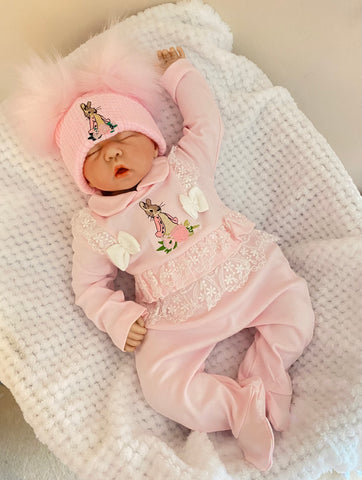 Flopsy Bunny spanish style All in One BabyGrow with lace trim & bows Pink