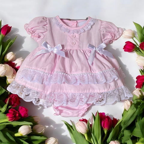 Premature Baby frill  Dress with Bows and Lace includes bloomers