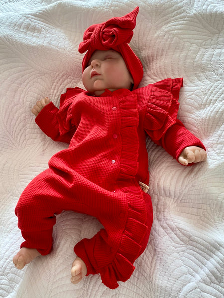 Ruffled Red Waffle-Knit Baby Romper with Bow Headband