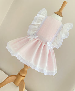 Two tone pink drop waist frilly sleeve dress bows Gillytots handmade 