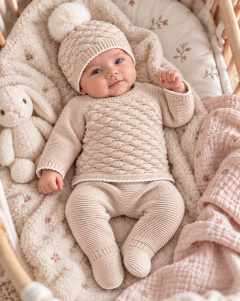 Cream Honeycomb Knit Baby 3 Piece Set