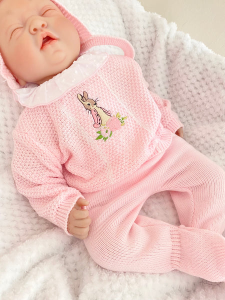 Flopsy Bunny knitted spanish style  Pink Set with bonnet