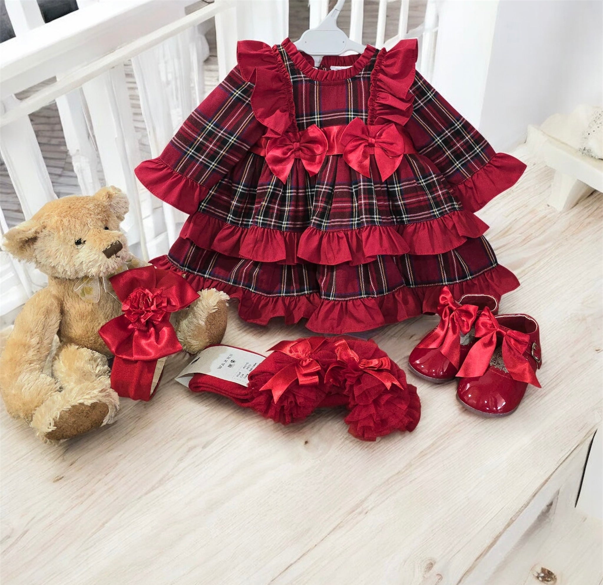 Wee Me Baby Girls Red Tartan Frilly Layered Dress large fitting
