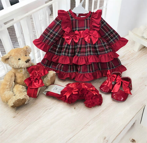 Wee Me Baby Girls Red Tartan Frilly Layered Dress large fitting